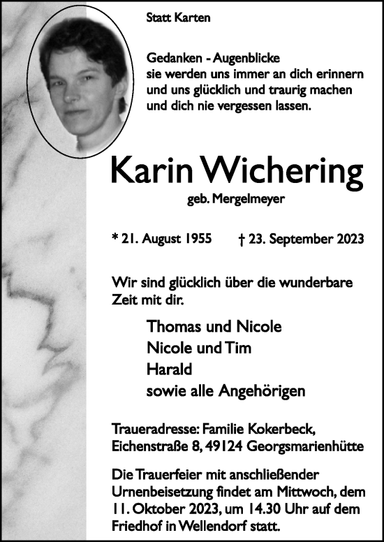 Traueranzeige von Karin Wichering von Neue Osnabrücker Zeitung GmbH & Co. KG