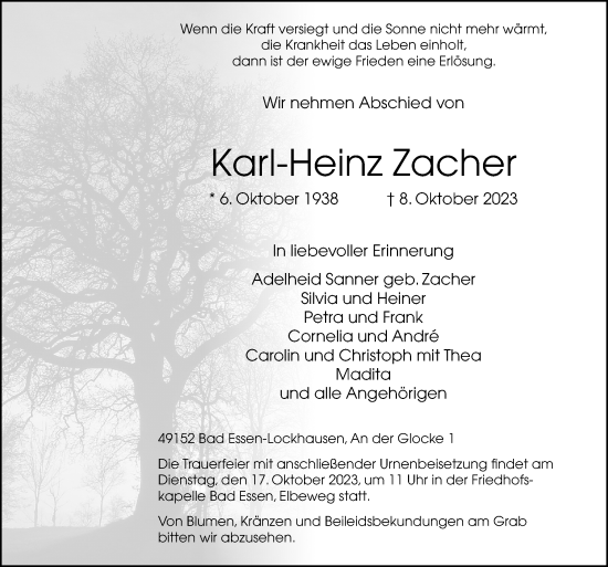 Traueranzeige von Karl-Heinz Zacher von Neue Osnabrücker Zeitung GmbH & Co. KG