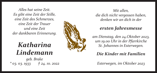 Traueranzeige von Katharina Lindemann von Neue Osnabrücker Zeitung GmbH & Co. KG