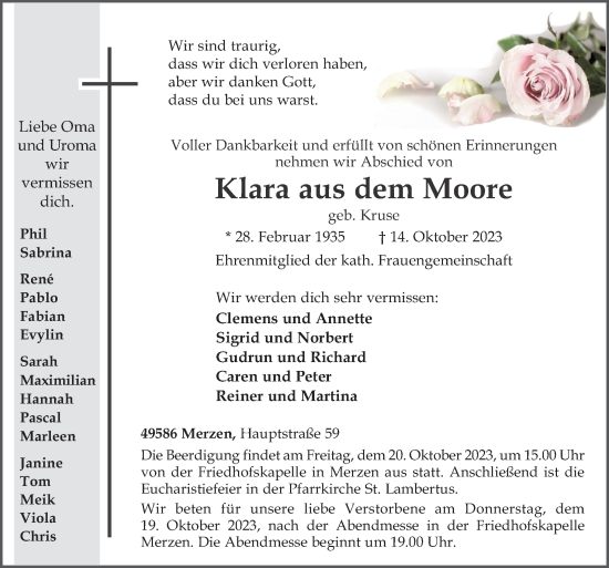 Traueranzeige von Klara aus dem Moore von Neue Osnabrücker Zeitung GmbH & Co. KG