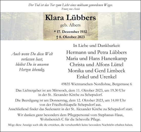 Traueranzeige von Klara Lübbers von Neue Osnabrücker Zeitung GmbH & Co. KG
