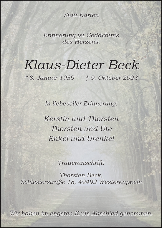 Traueranzeige von Klaus-Dieter Beck von Neue Osnabrücker Zeitung GmbH & Co. KG