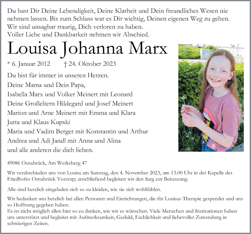  Traueranzeige für Louisa Johanna Marx vom 28.10.2023 aus Neue Osnabrücker Zeitung GmbH & Co. KG
