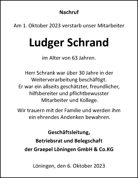 Traueranzeige von Ludger Schrand von Neue Osnabrücker Zeitung GmbH & Co. KG