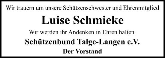 Traueranzeige von Luise Schmieke von Neue Osnabrücker Zeitung GmbH & Co. KG