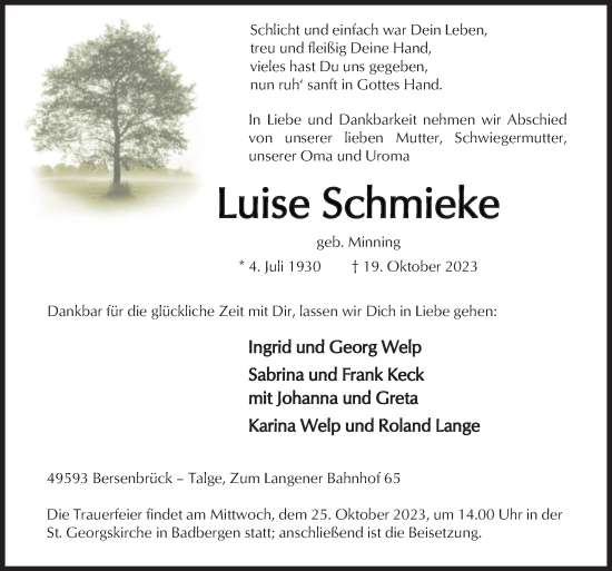 Traueranzeige von Luise Schmieke von Neue Osnabrücker Zeitung GmbH & Co. KG