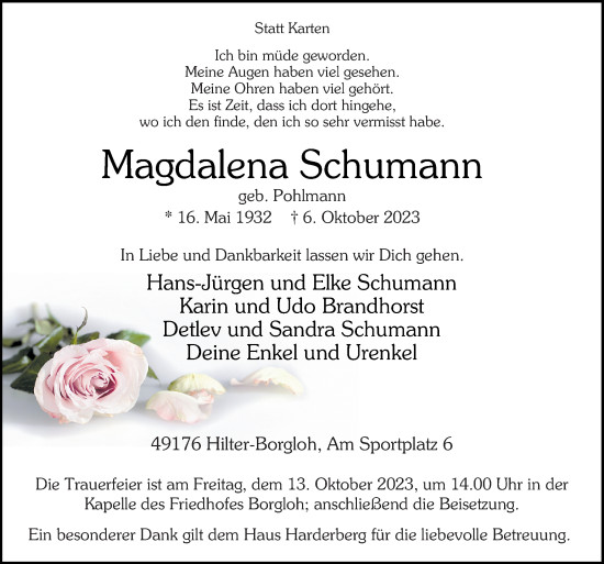 Traueranzeige von Magdalena Schumann von Neue Osnabrücker Zeitung GmbH & Co. KG