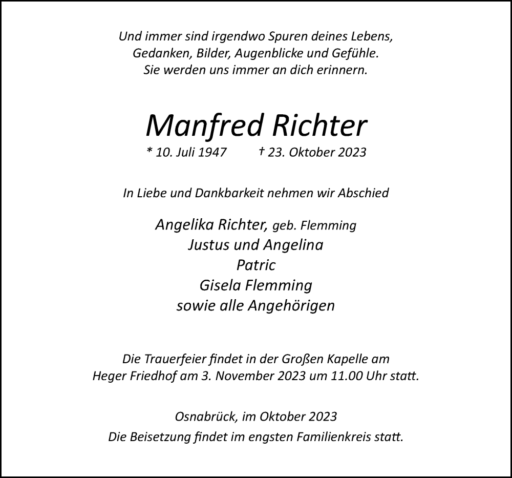  Traueranzeige für Manfred Richter vom 28.10.2023 aus Neue Osnabrücker Zeitung GmbH & Co. KG