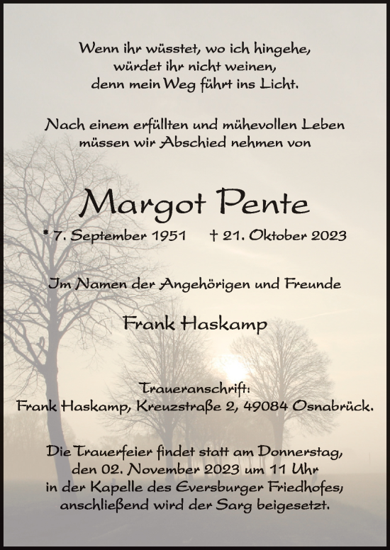 Traueranzeige von Margot Pente von Neue Osnabrücker Zeitung GmbH & Co. KG