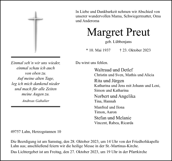 Traueranzeige von Margret Preut von Neue Osnabrücker Zeitung GmbH & Co. KG