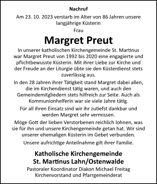 Traueranzeige von Margret Preut von Neue Osnabrücker Zeitung GmbH & Co. KG