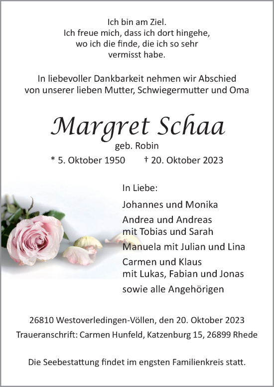 Traueranzeige von Margret Schaa von Neue Osnabrücker Zeitung GmbH & Co. KG