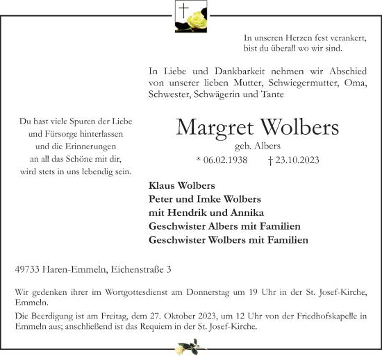 Traueranzeige von Margret Wolbers von Neue Osnabrücker Zeitung GmbH & Co. KG