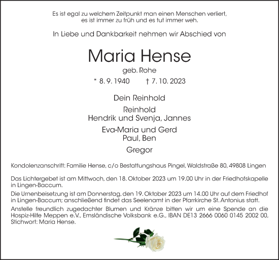 Traueranzeige von Maria Hense von Neue Osnabrücker Zeitung GmbH & Co. KG