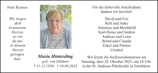 Traueranzeige von Maria Hinterding von Neue Osnabrücker Zeitung GmbH & Co. KG