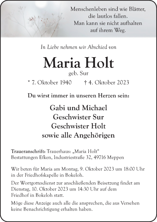 Traueranzeige von Maria Holt von Neue Osnabrücker Zeitung GmbH & Co. KG