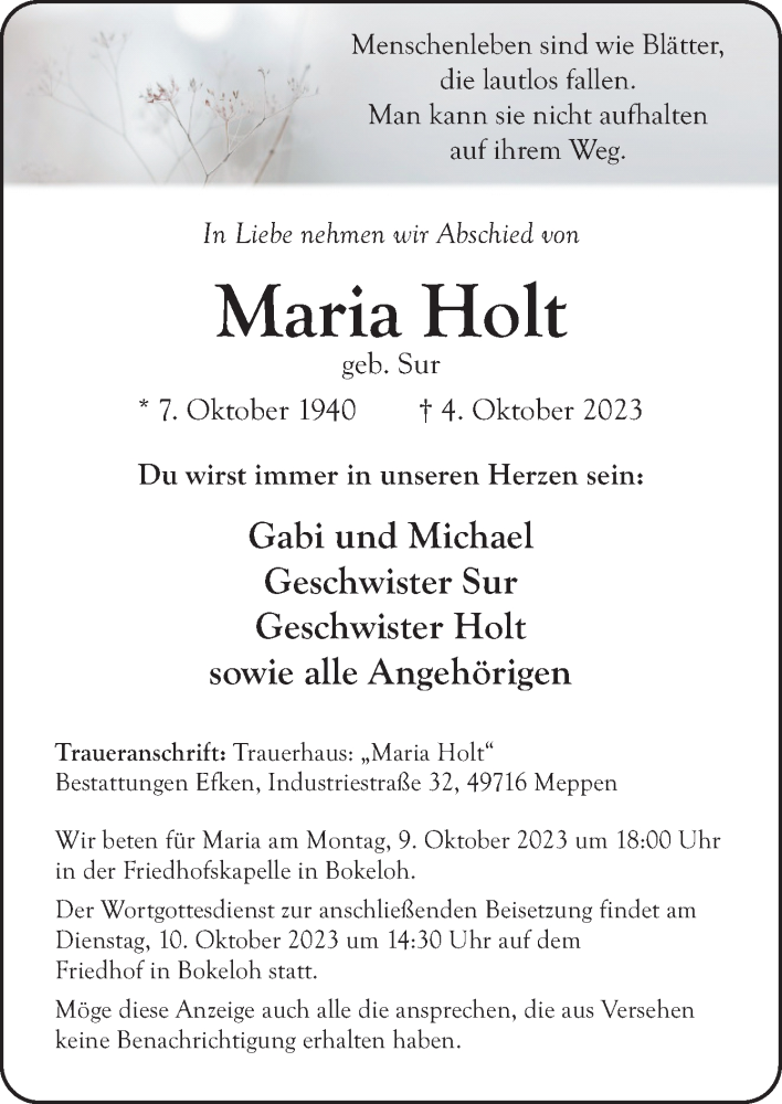  Traueranzeige für Maria Holt vom 07.10.2023 aus Neue Osnabrücker Zeitung GmbH & Co. KG