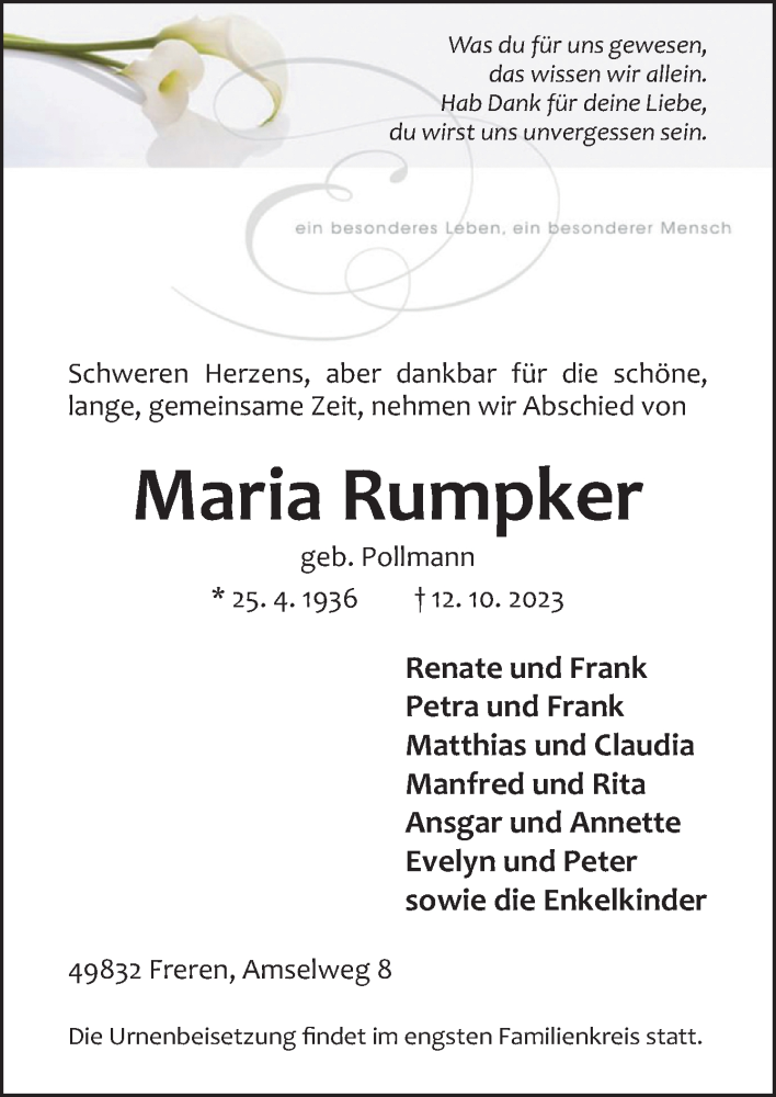 Traueranzeige für Maria Rumpker vom 14.10.2023 aus Neue Osnabrücker Zeitung GmbH & Co. KG