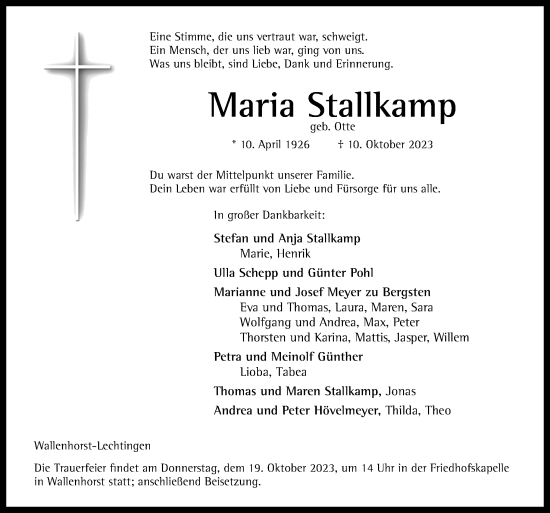Traueranzeige von Maria Stallkamp von Neue Osnabrücker Zeitung GmbH & Co. KG