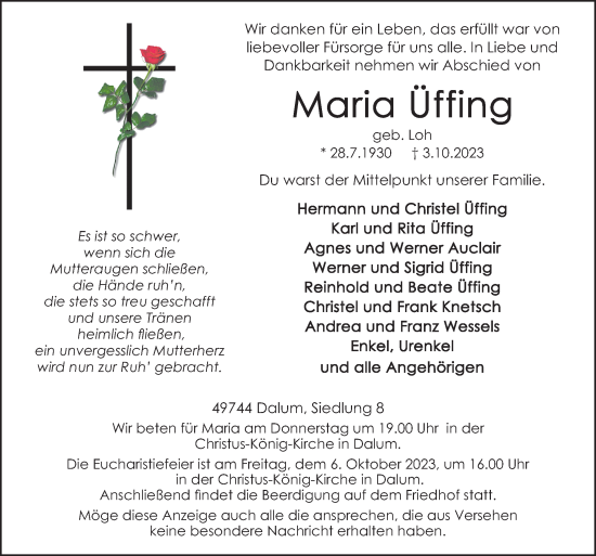 Traueranzeige von Maria Üffing von Neue Osnabrücker Zeitung GmbH & Co. KG