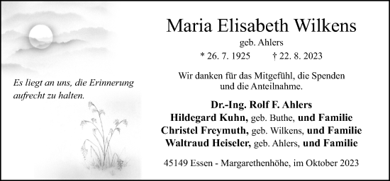 Traueranzeige von Maria Elisabeth Wilkens von Neue Osnabrücker Zeitung GmbH & Co. KG