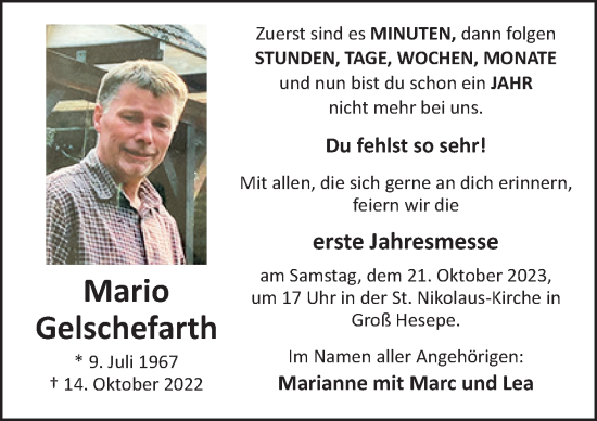 Traueranzeige von Mario Gelschefarth von Neue Osnabrücker Zeitung GmbH & Co. KG