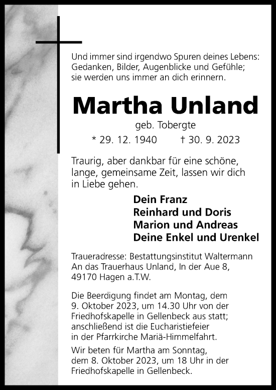 Traueranzeige von Martha Unland von Neue Osnabrücker Zeitung GmbH & Co. KG