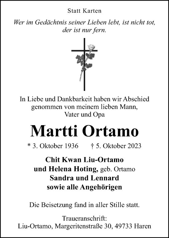 Traueranzeige von Martti Ortamo von Neue Osnabrücker Zeitung GmbH & Co. KG