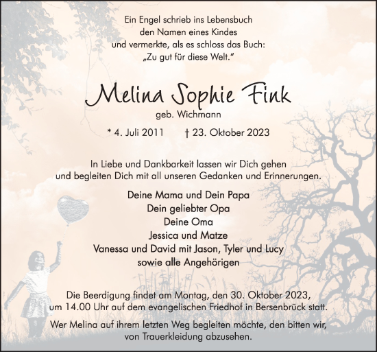 Traueranzeige von Melina Sophie Fink von Neue Osnabrücker Zeitung GmbH & Co. KG