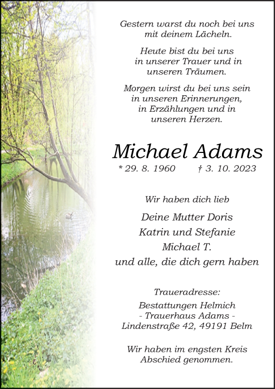 Traueranzeige von Michael Adams von Neue Osnabrücker Zeitung GmbH & Co. KG