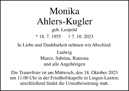 Traueranzeige von Monika Ahlers-Kugler von Neue Osnabrücker Zeitung GmbH & Co. KG