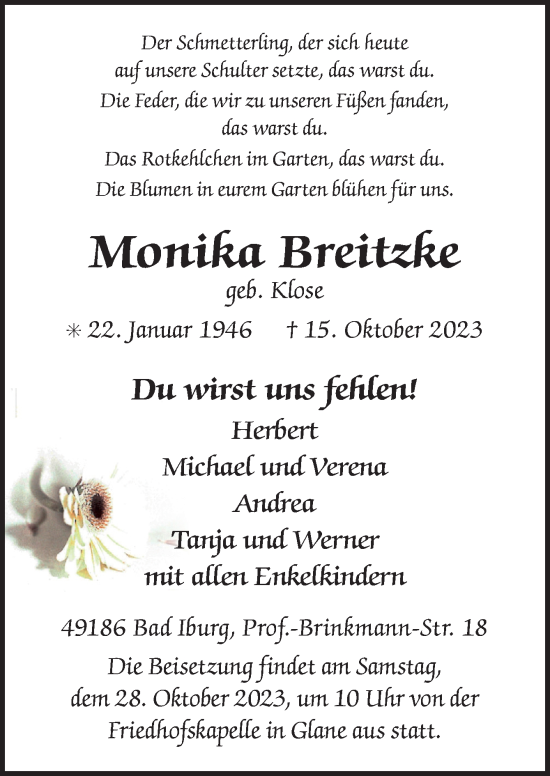 Traueranzeige von Monika Breitzke von Neue Osnabrücker Zeitung GmbH & Co. KG