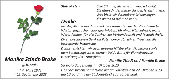 Traueranzeige von Monika Stindt-Brake von Neue Osnabrücker Zeitung GmbH & Co. KG