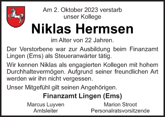 Traueranzeige von Niklas Hermsen von Neue Osnabrücker Zeitung GmbH & Co. KG