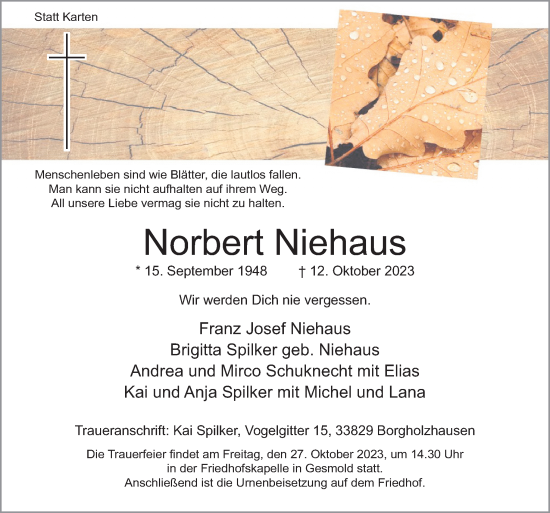 Traueranzeige von Norbert Niehaus von Neue Osnabrücker Zeitung GmbH & Co. KG