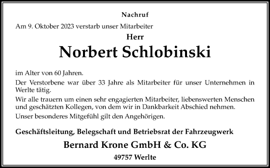 Traueranzeige von Norbert Schlobinski von Neue Osnabrücker Zeitung GmbH & Co. KG