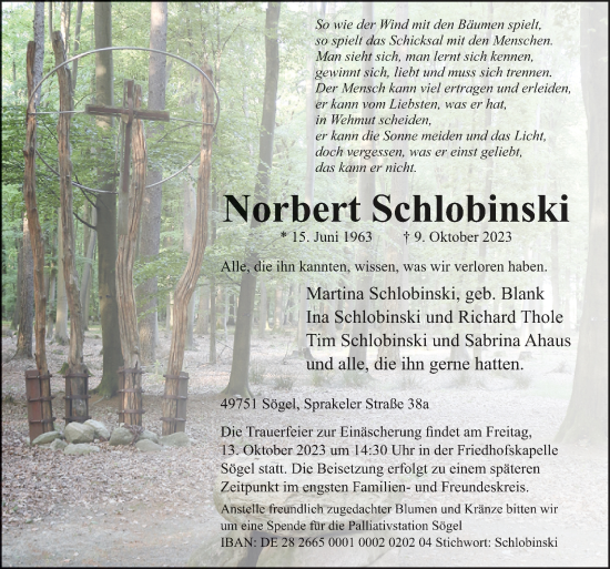 Traueranzeige von Norbert Schlobinski von Neue Osnabrücker Zeitung GmbH & Co. KG