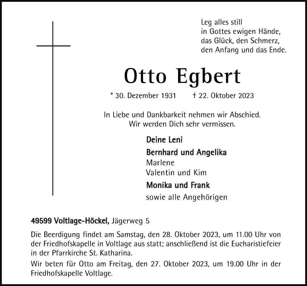  Traueranzeige für Otto Egbert vom 25.10.2023 aus Neue Osnabrücker Zeitung GmbH & Co. KG