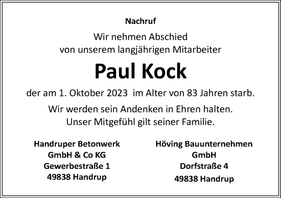 Traueranzeige von Paul Kock von Neue Osnabrücker Zeitung GmbH & Co. KG