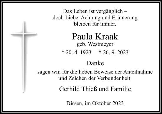 Traueranzeige von Paula Kraak von Neue Osnabrücker Zeitung GmbH & Co. KG