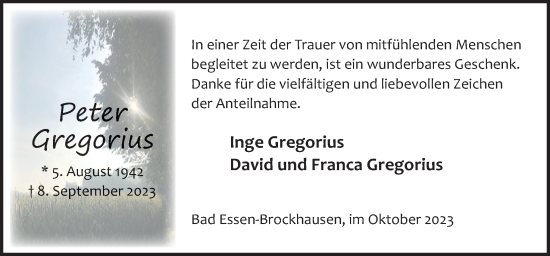 Traueranzeige von Peter Gregorius von Neue Osnabrücker Zeitung GmbH & Co. KG