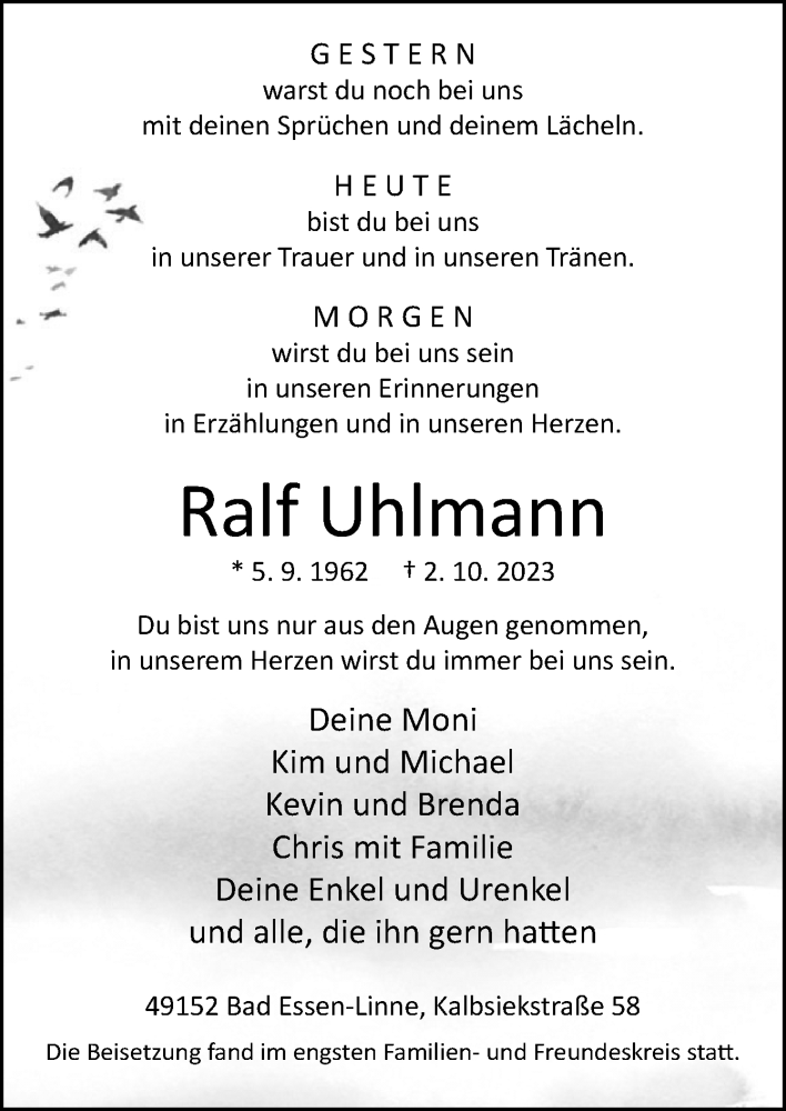  Traueranzeige für Ralf Uhlmann vom 14.10.2023 aus Neue Osnabrücker Zeitung GmbH & Co. KG