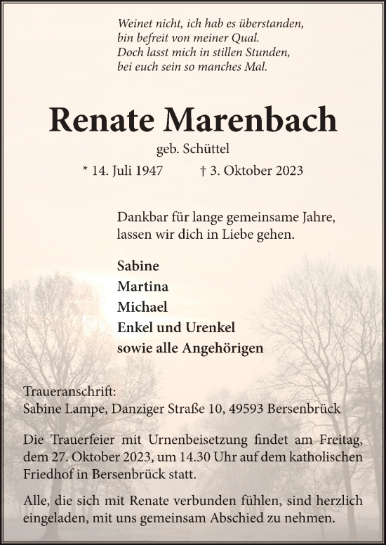 Traueranzeige von Renate Marenbach von Neue Osnabrücker Zeitung GmbH & Co. KG