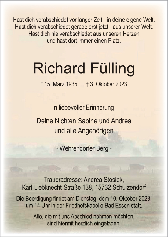 Traueranzeige von Richard Fülling von Neue Osnabrücker Zeitung GmbH & Co. KG