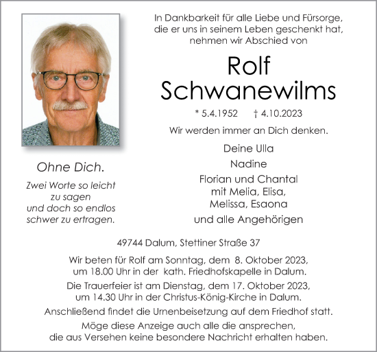 Traueranzeige von Rolf Schwanewilms von Neue Osnabrücker Zeitung GmbH & Co. KG