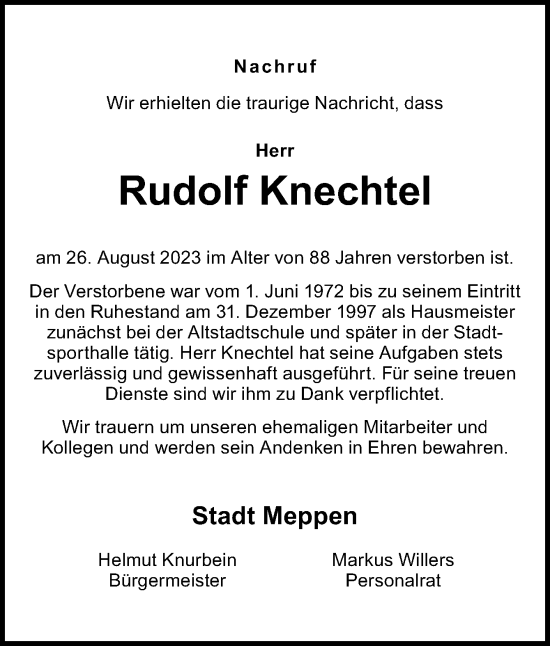 Traueranzeige von Rudolf Knechtel von Neue Osnabrücker Zeitung GmbH & Co. KG