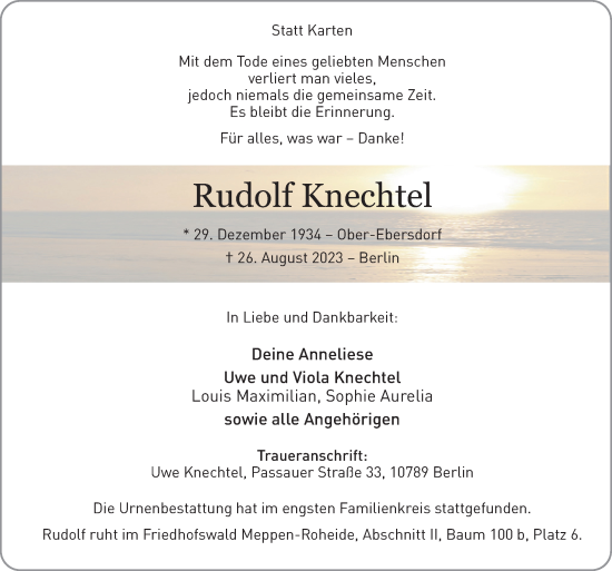 Traueranzeige von Rudolf Knechtel von Neue Osnabrücker Zeitung GmbH & Co. KG