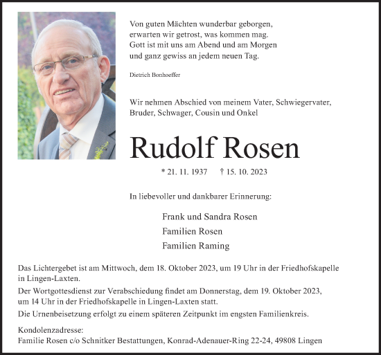 Traueranzeige von Rudolf Rosen von Neue Osnabrücker Zeitung GmbH & Co. KG