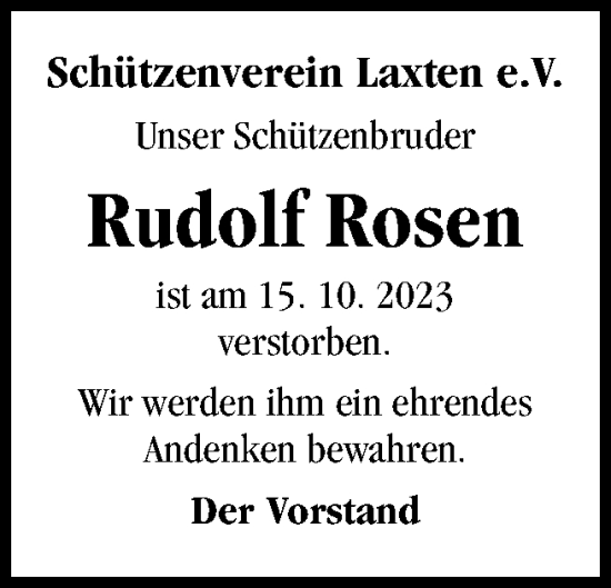 Traueranzeige von Rudolf Rosen von Neue Osnabrücker Zeitung GmbH & Co. KG