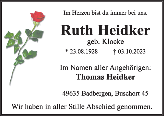 Traueranzeige von Ruth Heidker von Neue Osnabrücker Zeitung GmbH & Co. KG